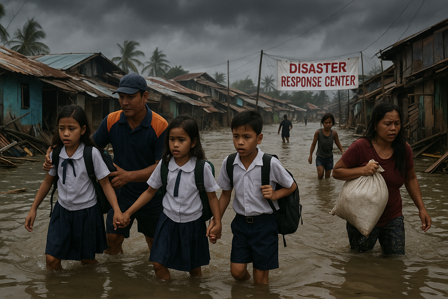 Climate change causes typhoon which caused students to cross flooded streets going to school.